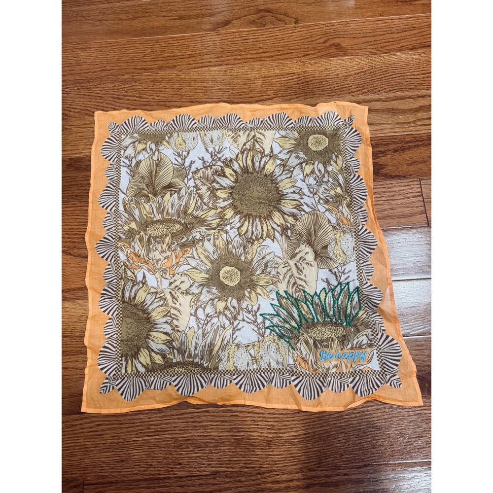 Vismaya Sunflower Cotton Bandana Scarf Orange Yellow Be Happy Embroidery 20x20